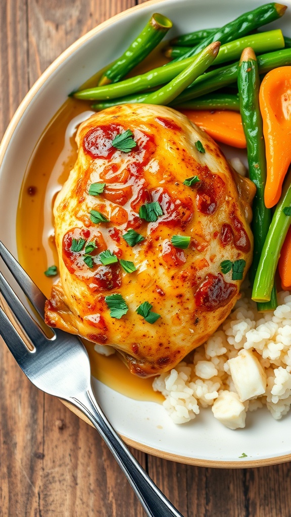 Garlic butter chicken on plate with rice and vegetables, garnished with parsley.